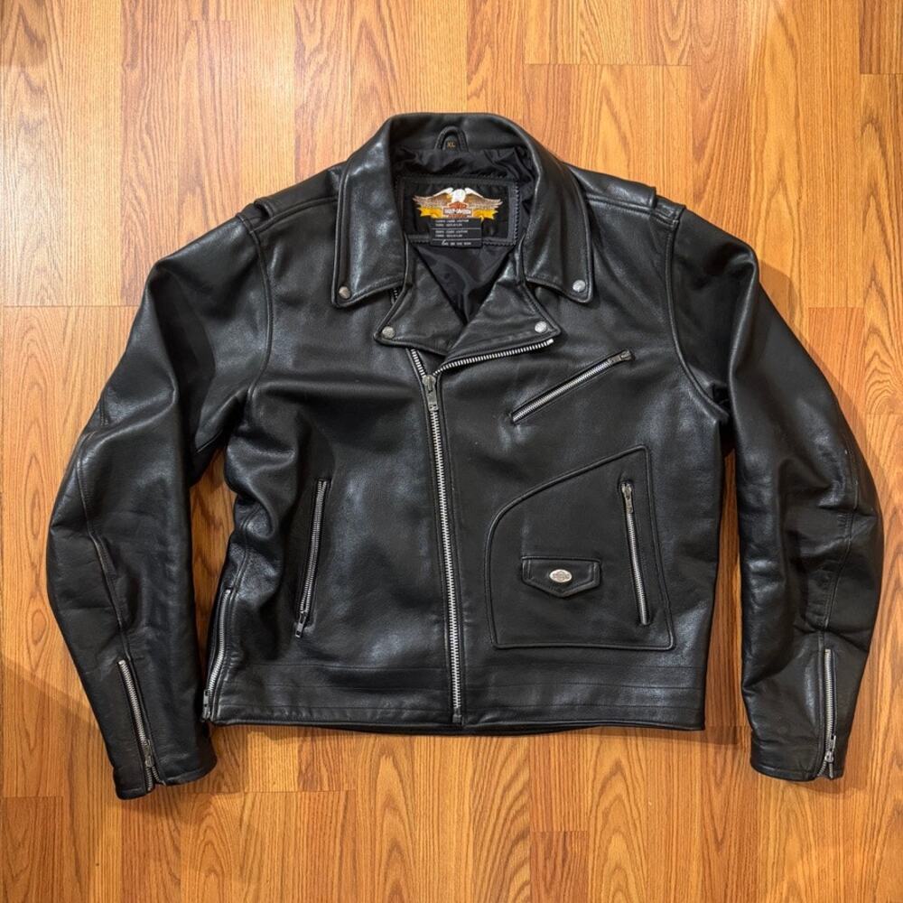 Harley Davidson Black Leather Moto Jacket Motorcycle Mens Size XL Asymmetrical